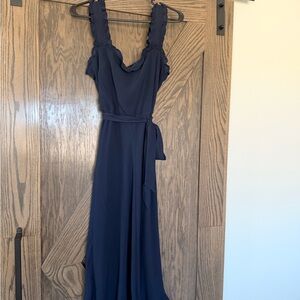 Women’s Navy Blue Ruffle Midi Strap Dress with Waist Tie